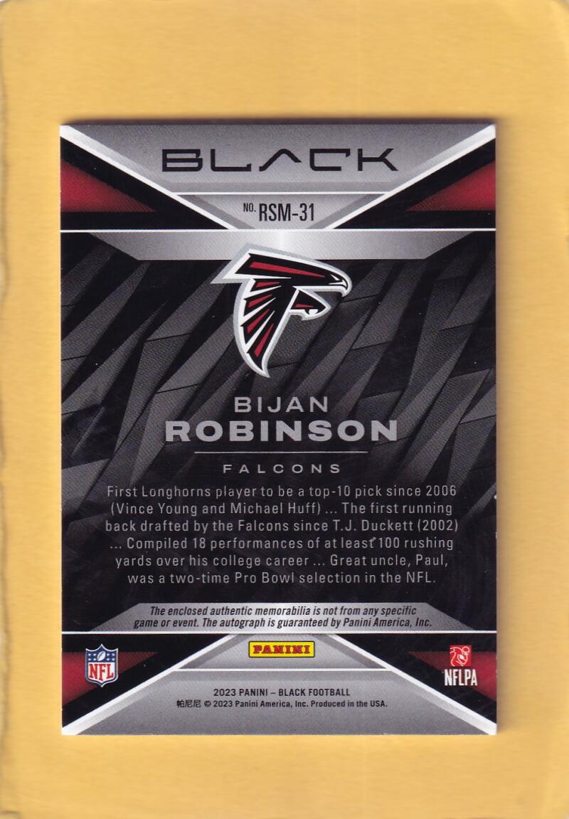 2023 Panini Black Rookie Signature Materials Bijan Robinson Near