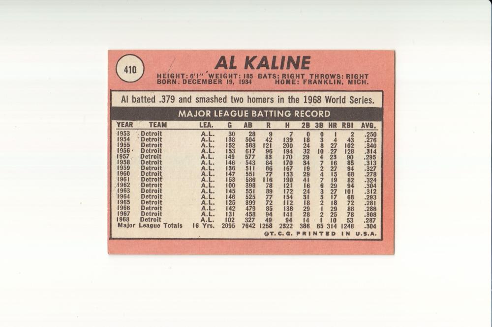 1969 Topps #410 Al Kaline EX Excellent Detroit Tigers #2808 Image 2