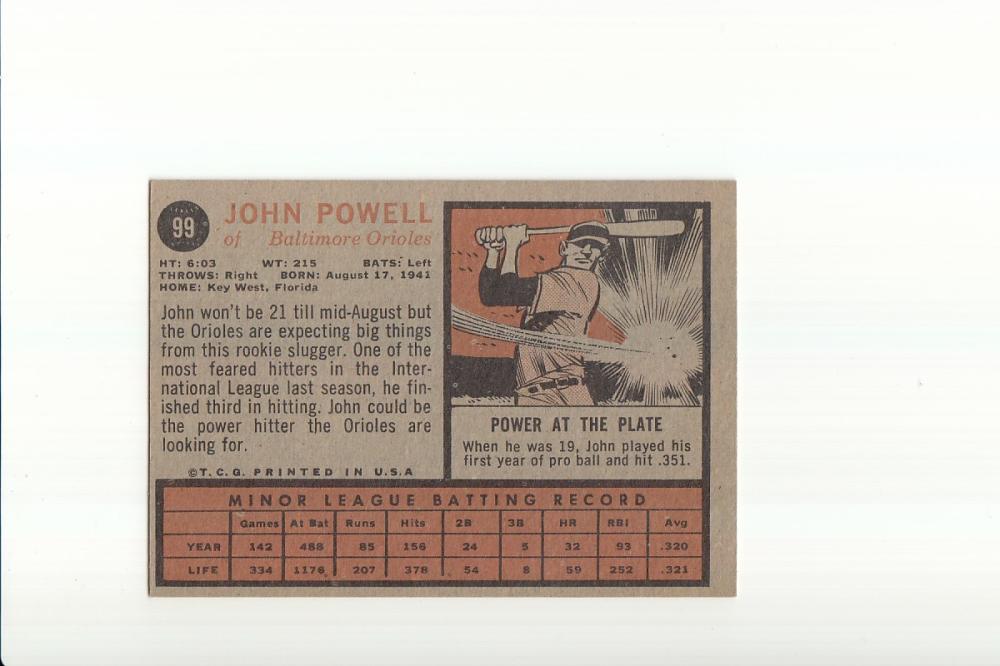 1962 Topps #99 Boog Powell RC EX+ Excellent+ Baltimore Orioles #3434 Image 2