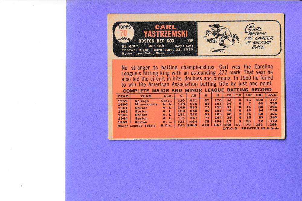 1966 Topps #70 Carl Yastrzemski VG+ Very Good+ Boston Red Sox #8525 Image 2