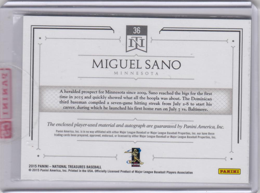 2015 Panini National Treasures Signature Die-Cut Player Bat #36 Miguel Sano NM-MT+ MEM Auto 22/25 Minnesota Twins Image 2