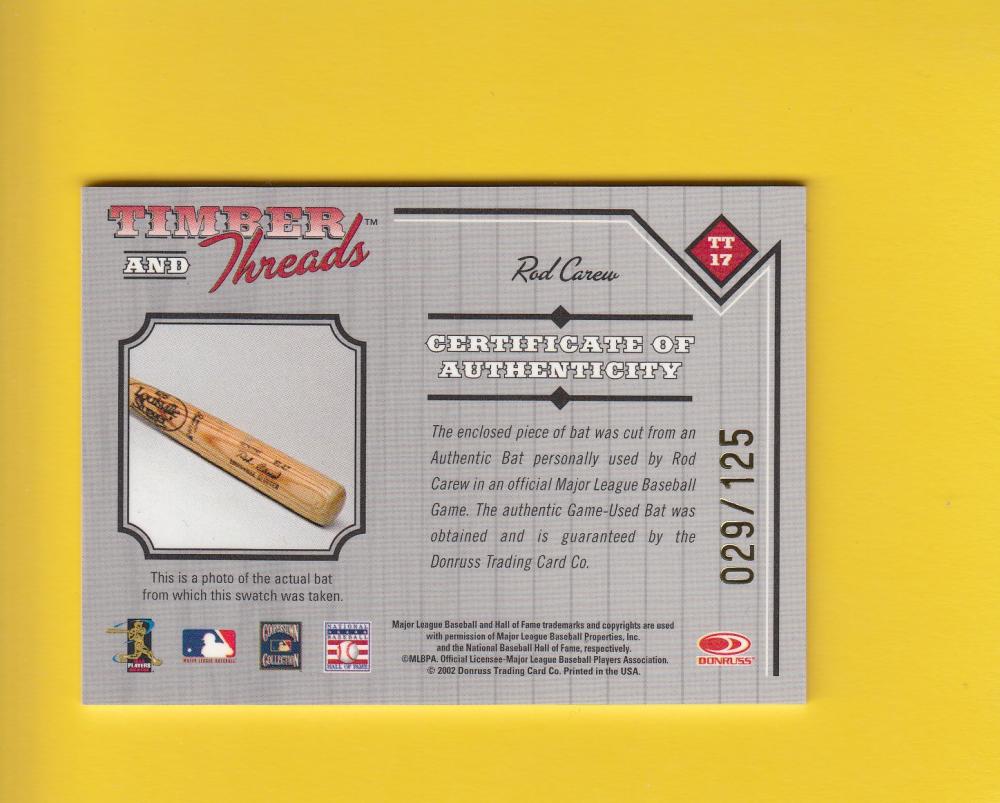 2003 Donruss Timber and Threads #17 Rod Carew Bat NM-MT MEM 29/125 Minnesota Twins Image 2