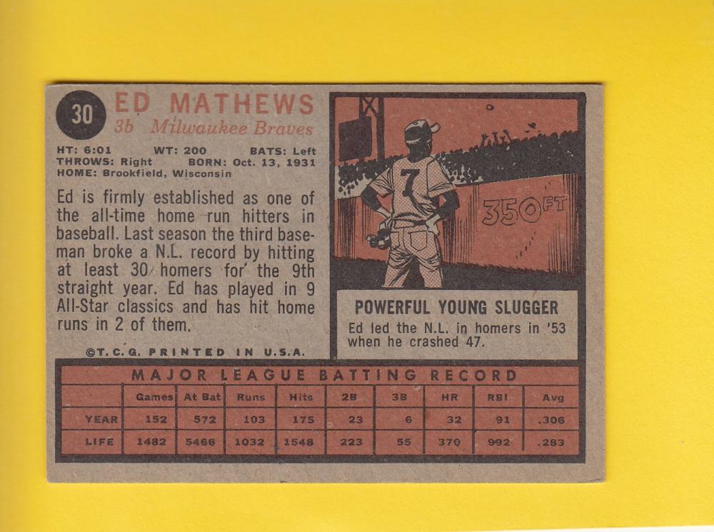 1962 Topps #30 Eddie Mathews EX Excellent Milwaukee Braves #9658 Image 2