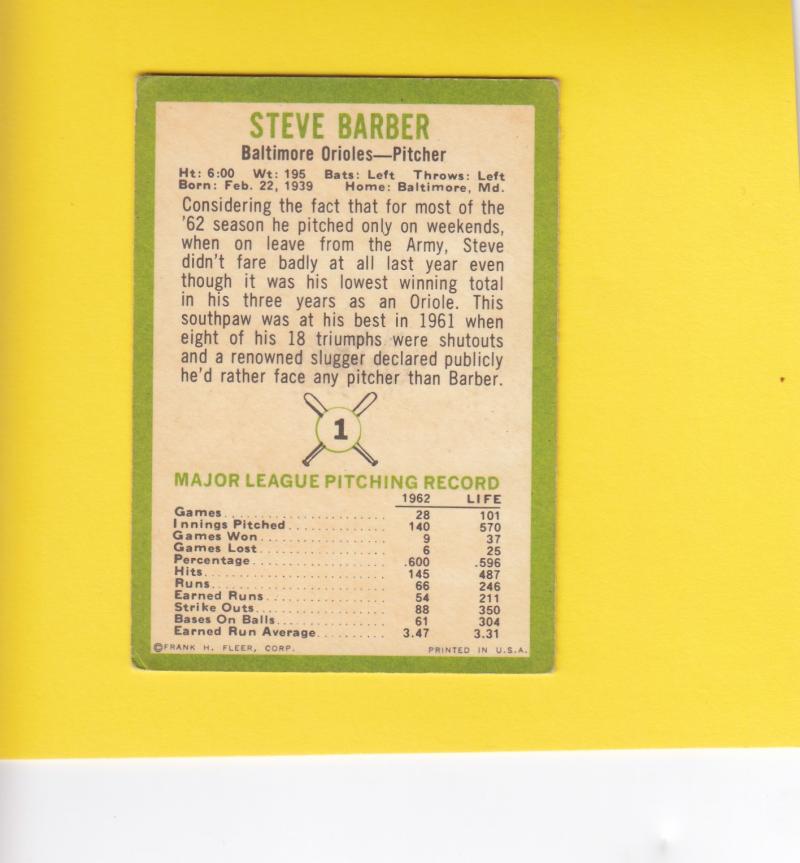 1963 Fleer #1 Steve Barber Baltimore Orioles VG+ Very Good Plus #11482 Image 2