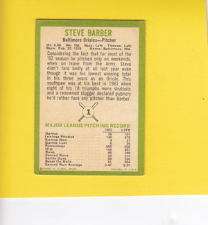 1963 Fleer #1 Steve Barber Baltimore Orioles VG+ Very Good Plus #11482 Image 2