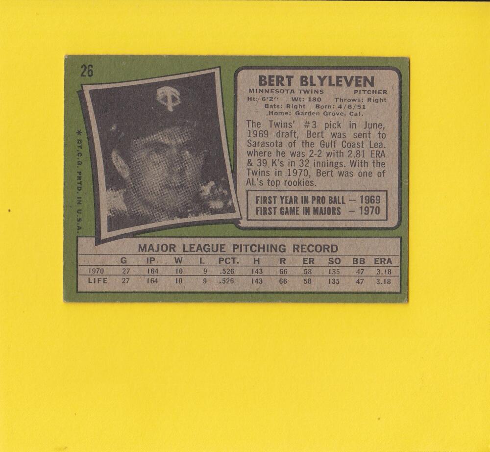 1971 Topps #26 Bert Blyleven Minnesota Twins VG/EX  RC Rookie #12618 Image 2