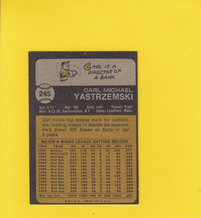 1973 Topps #245 Carl Yastrzemski Boston Red Sox EX+ Excellent+ Lot # 12630 Image 2