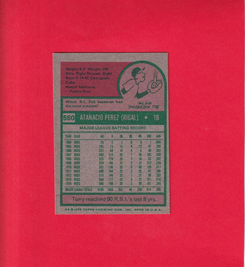 1975 Topps Mini #560 Tony Perez EX/NM Cincinnati Reds #17240 Image 2