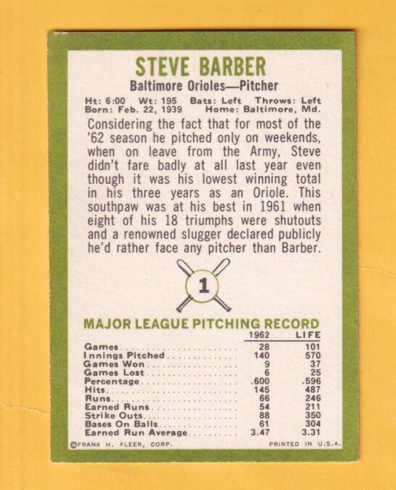 1963 Fleer #1 Steve Barber Baltimore Orioles EX Excellent #17824 Image 2