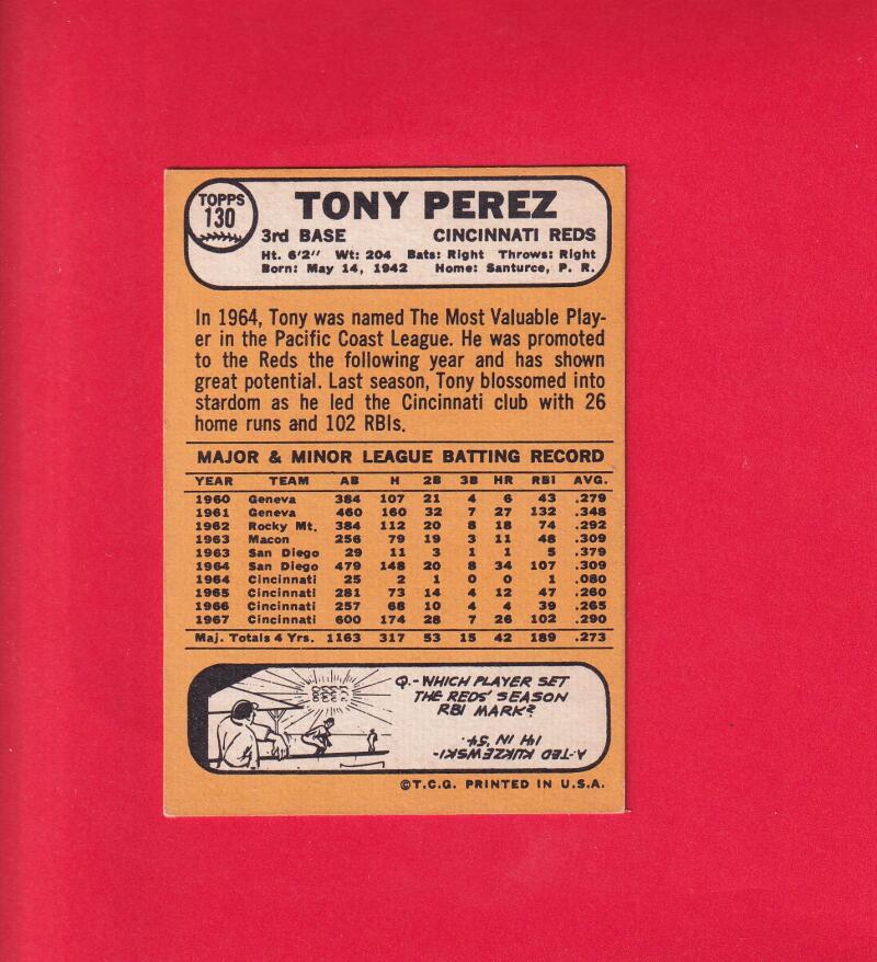 1968 Topps #130 Tony Perez VG+ Very Good+ Cincinnati Reds Lot#19539 Image 2