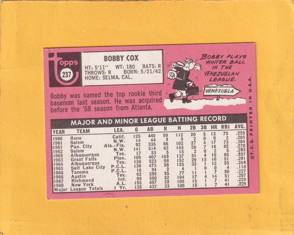 1969 Topps #237 Bobby Cox VG Very Good RC Rookie New York Yankees #20296 Image 2