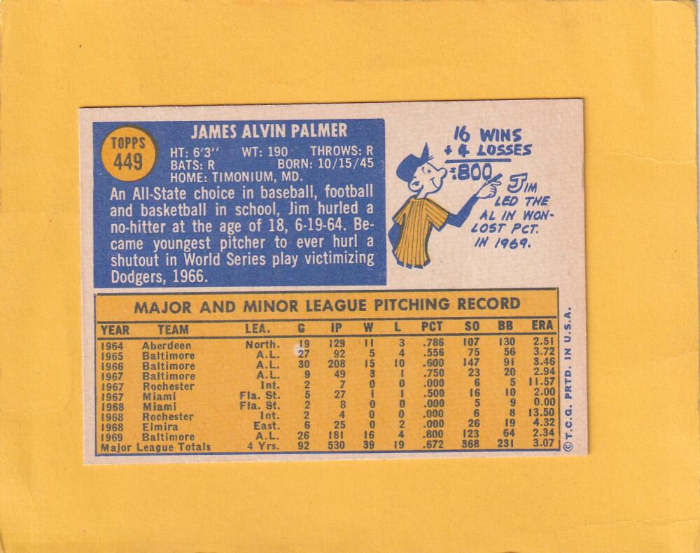 1970 Topps #449 Jim Palmer VG Very Good Baltimore Orioles #20310 Image 2