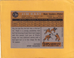 1960 Topps #136 Jim Kaat RC VG/EX Very Good/Excellent Washington Senators #24012 Image 2