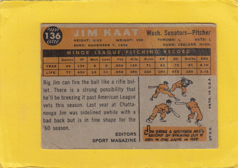 1960 Topps #136 Jim Kaat RC Washington Senators G/VG Good/Very Good #24083 Image 2