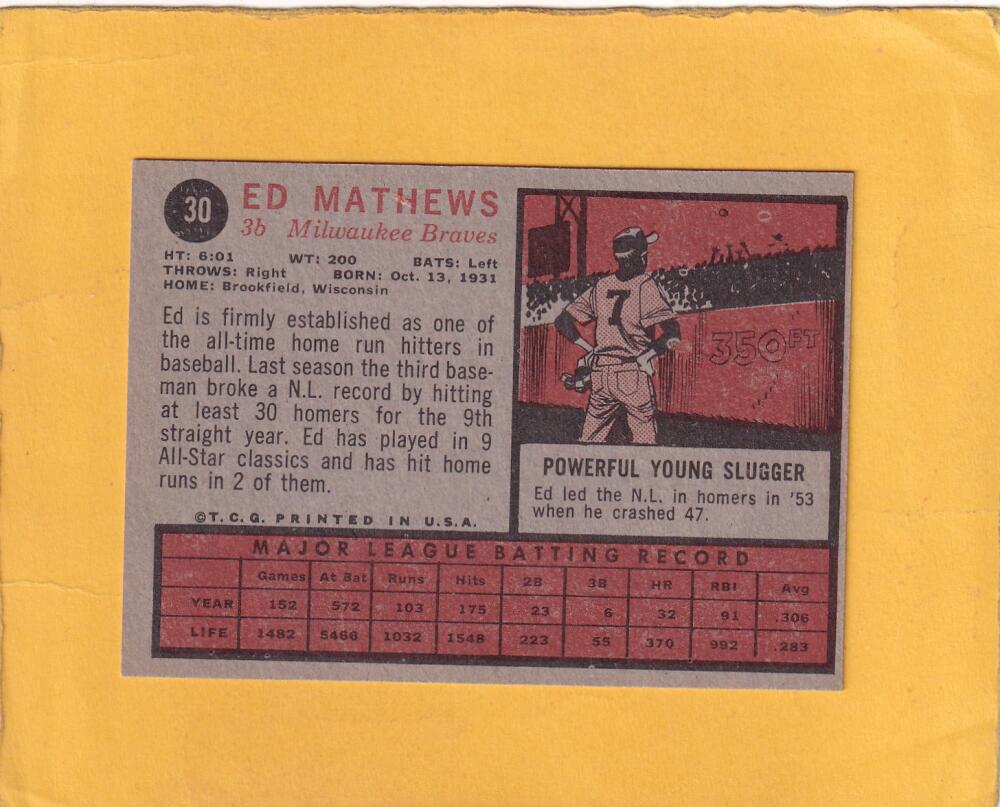 1962 Topps #30 Eddie Mathews EX+ Excellent+ Milwaukee Braves #24096 Image 2