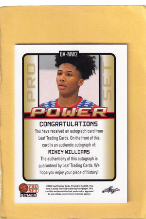 2021-22 Pro Set Power Autographs #BA-MW2 Mikey Williams ARC NM-MT+ Auto Image 2