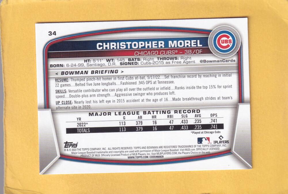 2023 Bowman Purple #34 Christopher Morel NM-MT+ RC Rookie 95/250 Chicago Cubs Image 2