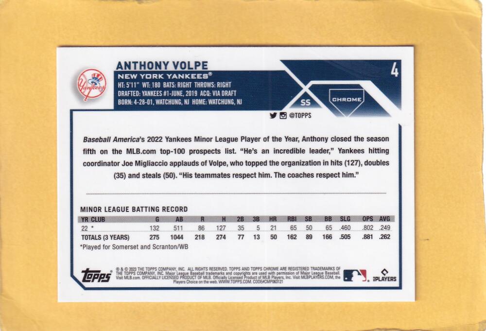 2023 Topps Chrome Refractor Pink #4 Anthony Volpe NM-MT+ RC Rookie New York Yankees Image 2