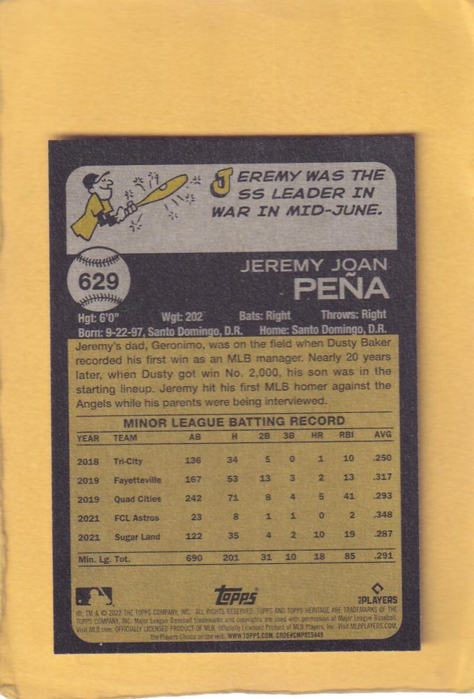 2022 Topps Heritage High Number Chrome Refractor Purple #629 Jeremy Pena Hot Box NM-MT+ RC Rookie Houston Astros + base Image 2