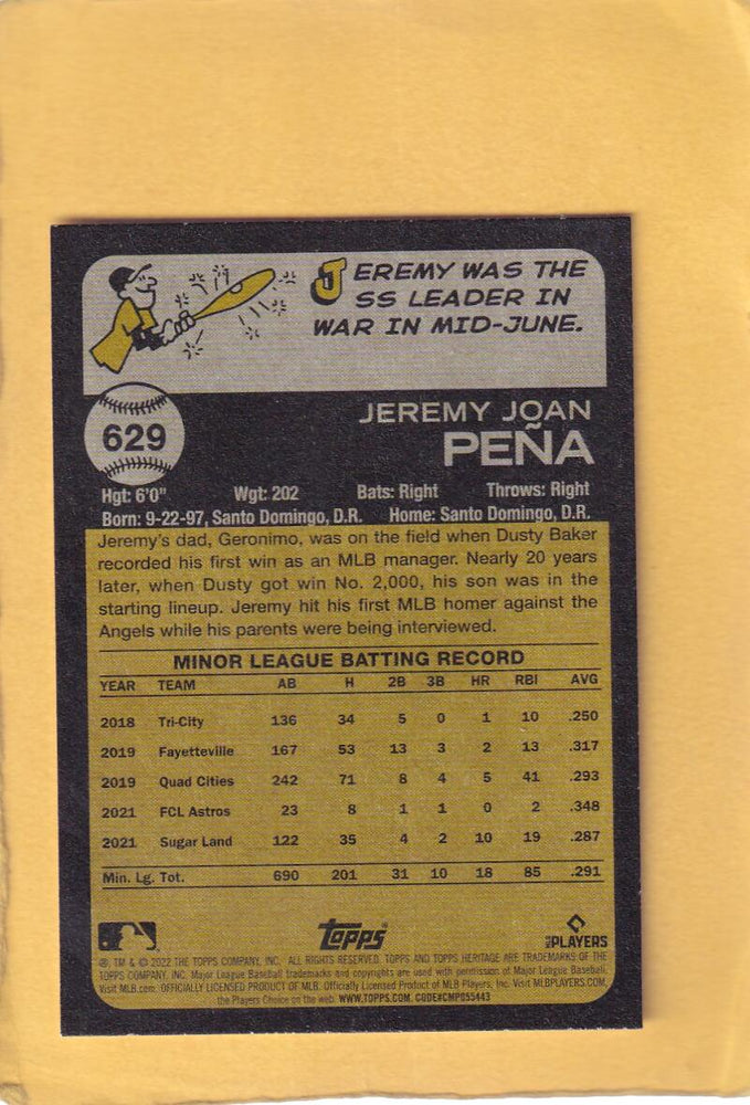 2022 Topps Heritage High Number Chrome Refractor Purple #629 Jeremy Pena Hot Box NM-MT+ RC Rookie Houston Astros + base Image 4