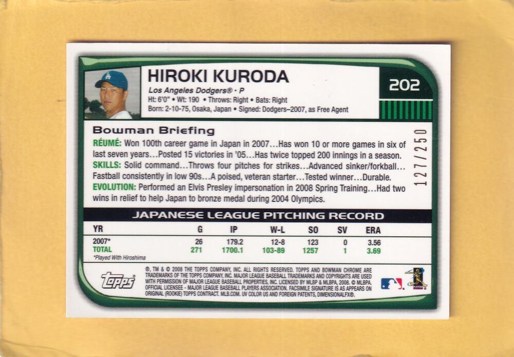 2008 Bowman Chrome X-Fractor #202 Hiroki Kuroda NM-MT+ 127/250 Los Angeles Dodgers Image 2