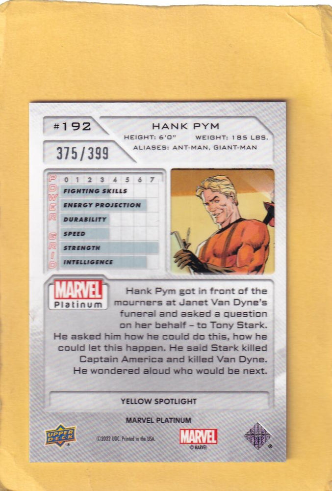 2024 Upper Deck Marvel Platinum Yellow Spotlight #192 Hank Pym NM-MT+ 375/399 +Red & Blue Rainbow Image 2