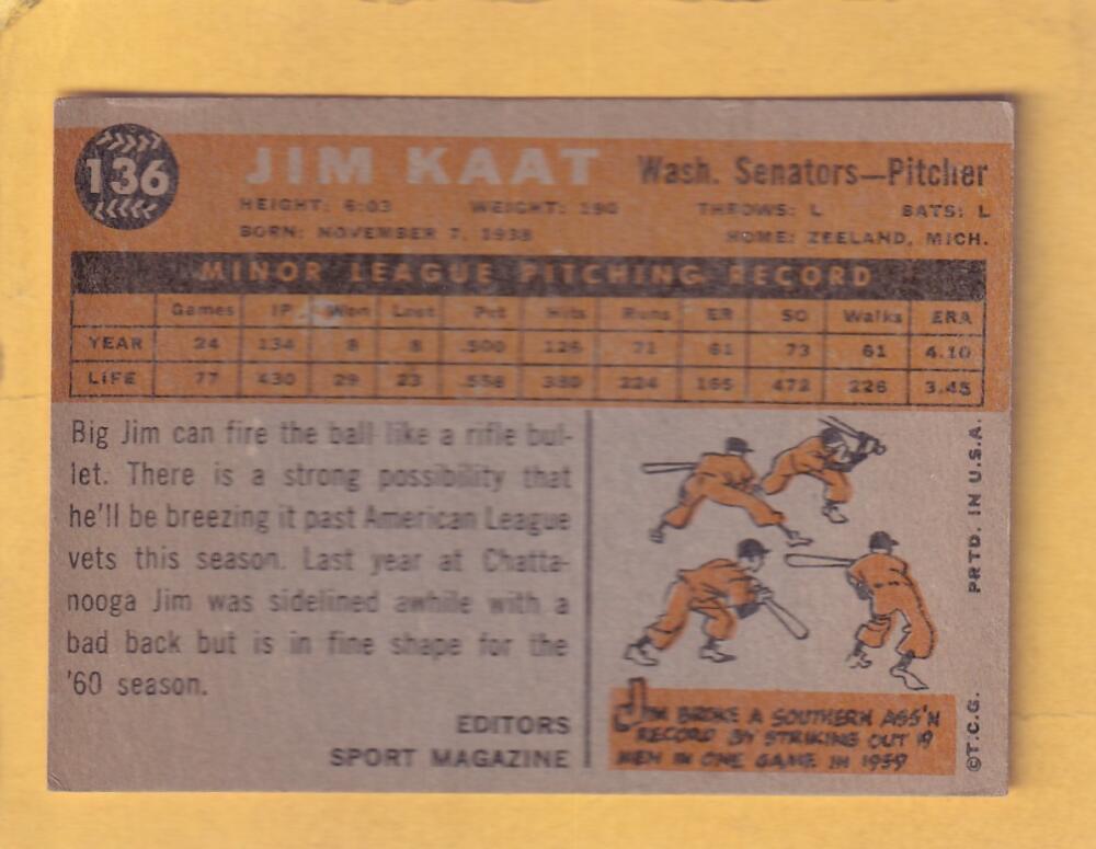 1960 Topps #136 Jim Kaat RC VG+ Very Good Plus Washington Senators #29382 Image 2