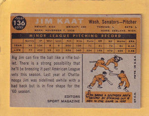 1960 Topps #136 Jim Kaat RC VG/EX Very Good/Excellent Washington Senators #29383 Image 2