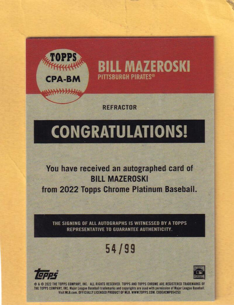 2022 Topps Chrome Platinum Anniversary Autograph Refractor Blue Prism #CPA-BM Bill Mazeroski NM-MT+ Auto 54/99 Pittsburgh Pirates Image 2