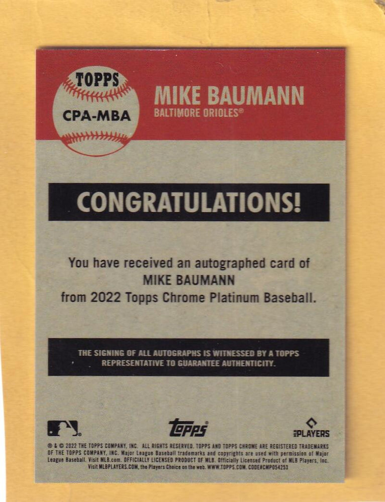 2022 Topps Chrome Platinum Anniversary Autograph #CPA-MBA Mike Baumann NM-MT+ Auto Baltimore Orioles Image 2