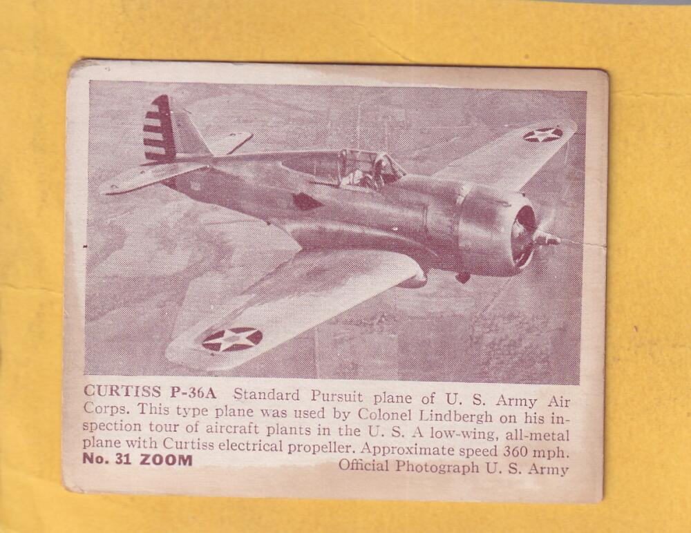 1941 Gum Inc. Zoom Airplanes Pictures Series 1 R177-1 #31 Curtiss P-36A G Good #29878 Image 1