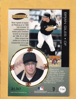 1999 Pacific Invincible Platinum Blue #114 Brian Giles NM-MT 21/67 Pittsburgh Pirates Image 2