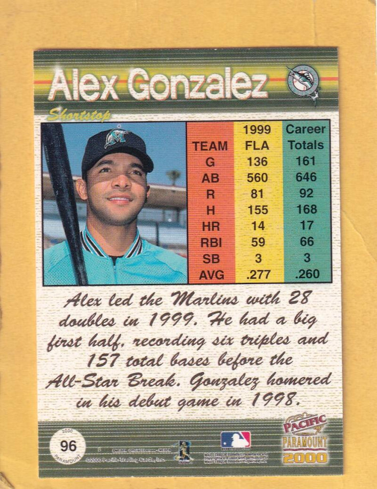 2000 Pacific Paramount Premiere Date #96 Alex Gonzalez NM-MT 31/50 Florida Marlins  Image 2