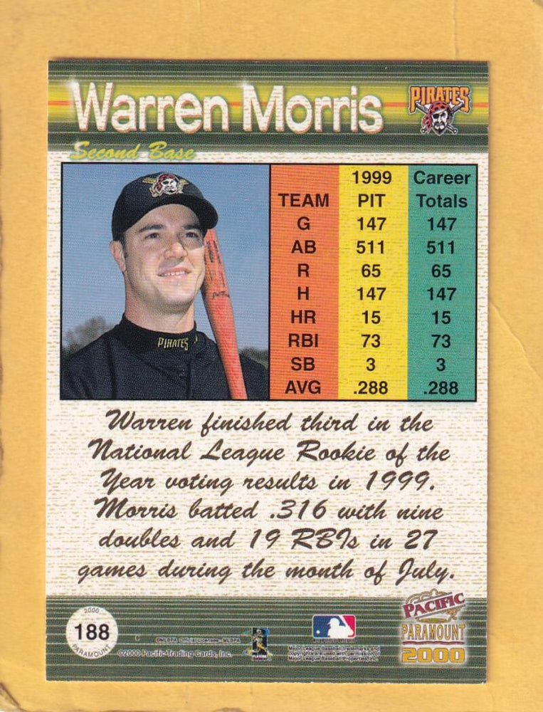 2000 Pacific Paramount Premiere Date #188 Warren Morris NM-MT 44/50 Pittsburgh Pirates  Image 2