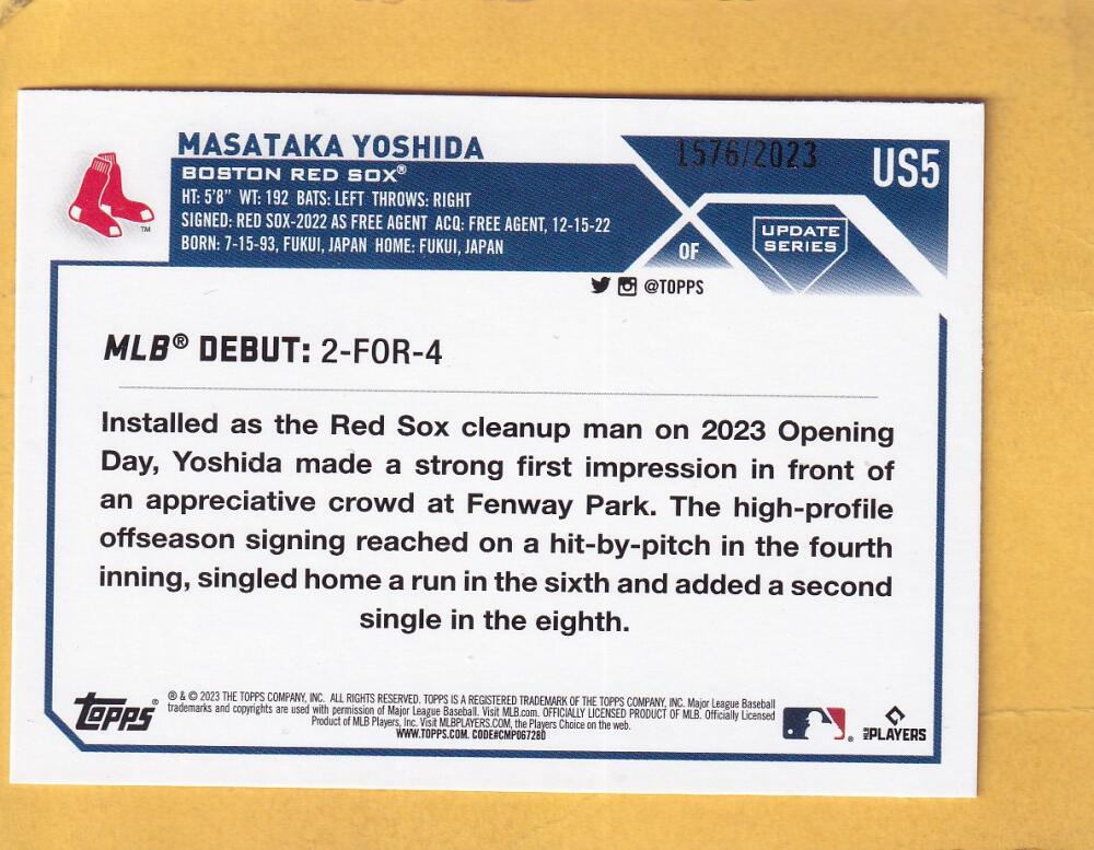 2023 Topps Update Series Gold #US5 Masataka Yoshida Rookie Debut NM-MT+ 1576/2023 Boston Red Sox Image 2