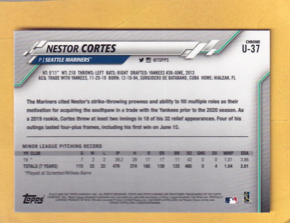 2020 Topps Chrome Update Refractor Pink #U-37 Nestor Cortes NM-MT+ RC Rookie Seattle Mariners Image 2