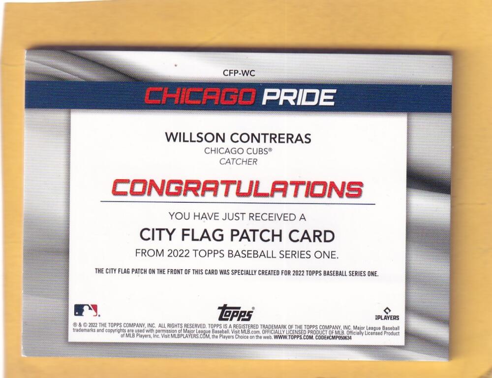 2022 Topps City Flag Patch Commemorative Relics #CFP-WC Willson Contreras NM-MT+ MEM Chicago Cubs Image 2