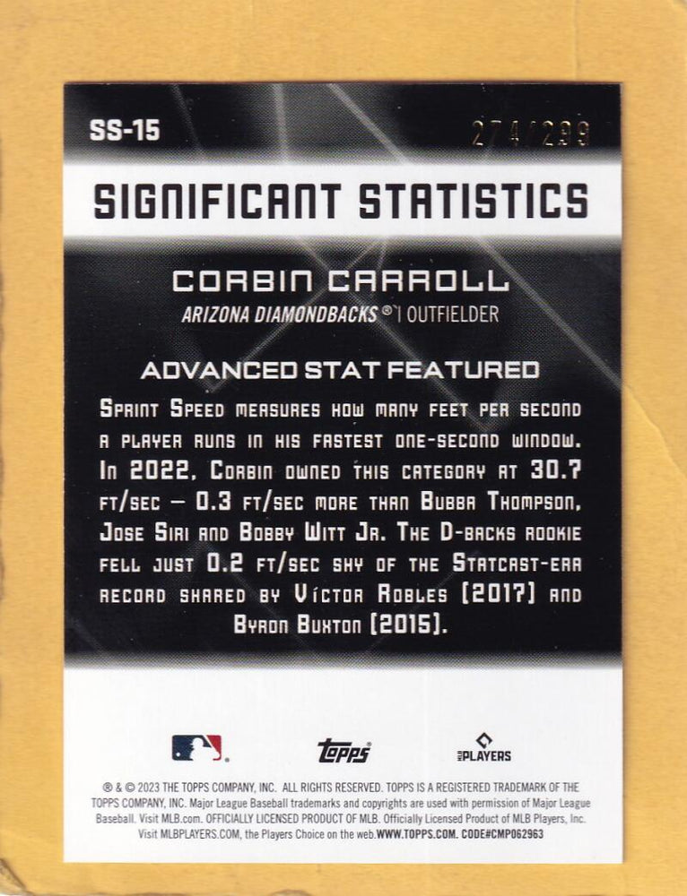 2023 Topps Significant Statistics Black #SS-15 Corbin Carroll RC Rookie NM-MT+ 274/299 Arizona Diamondbacks Image 2