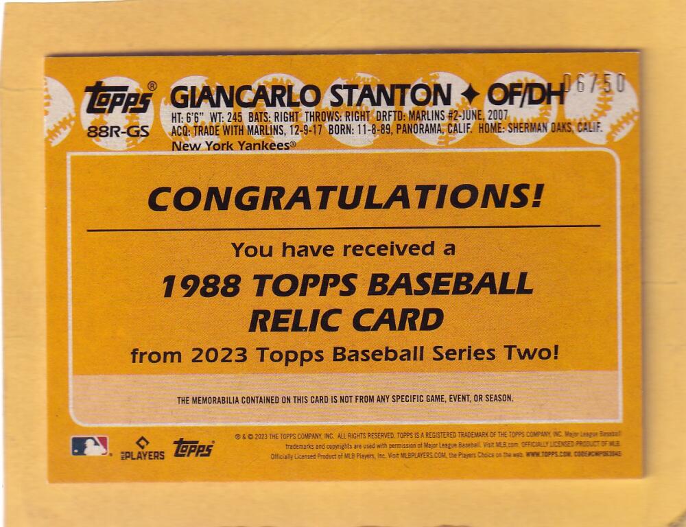 2023 Topps 1988 Baseball Series 2 Relics Gold #88R-GS Giancarlo Stanton NM-MT+ MEM 6/50 New York Yankees Image 2