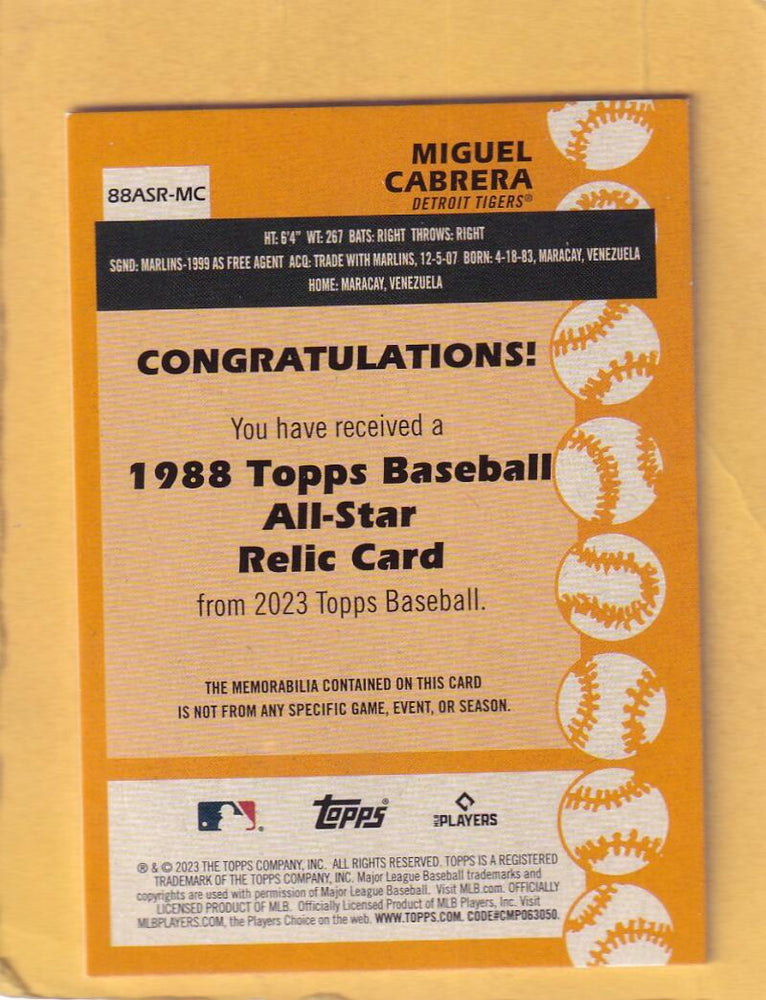 2023 Topps 1988 All-Star Baseball Relics #88ASR-MC Miguel Cabrera NM-MT+ MEM Detroit Tigers Image 2