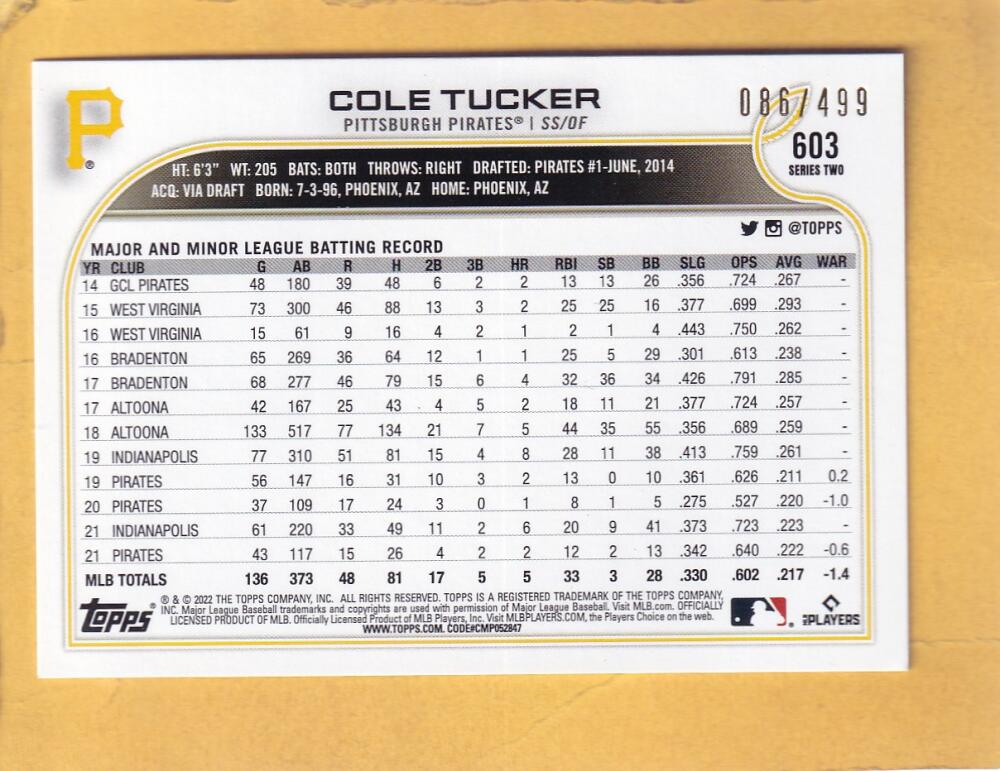 2022 Topps Green Foil #603 Cole Tucker NM-MT+ 86/499 Pittsburgh Pirates Image 2