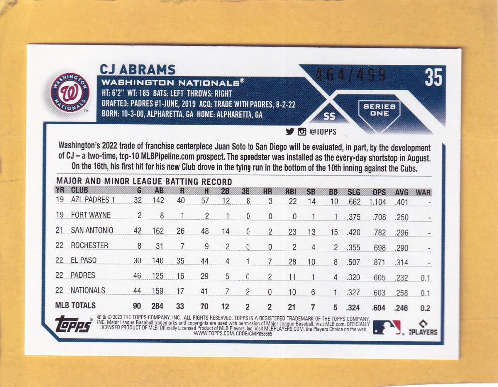 2023 Topps Green Foil #35 CJ Abrams NM-MT+ 464/499 Washington Nationals Image 2