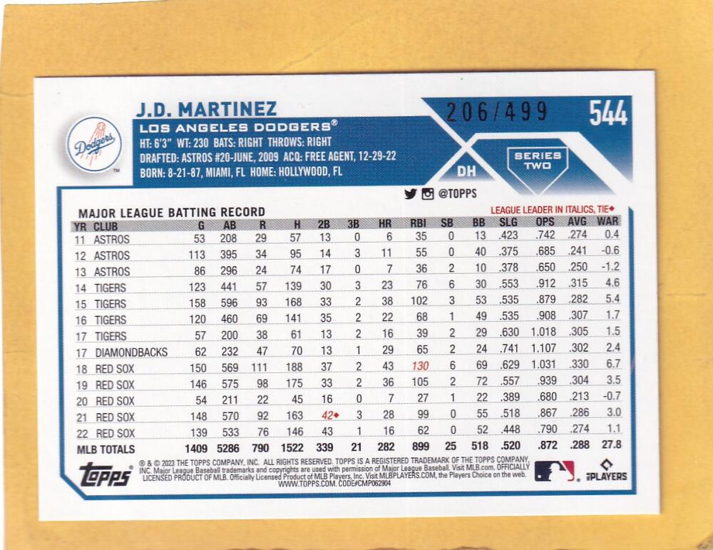 2023 Topps Green Foil #544 J.D. Martinez NM-MT+ 206/499 Los Angeles Dodgers Image 2