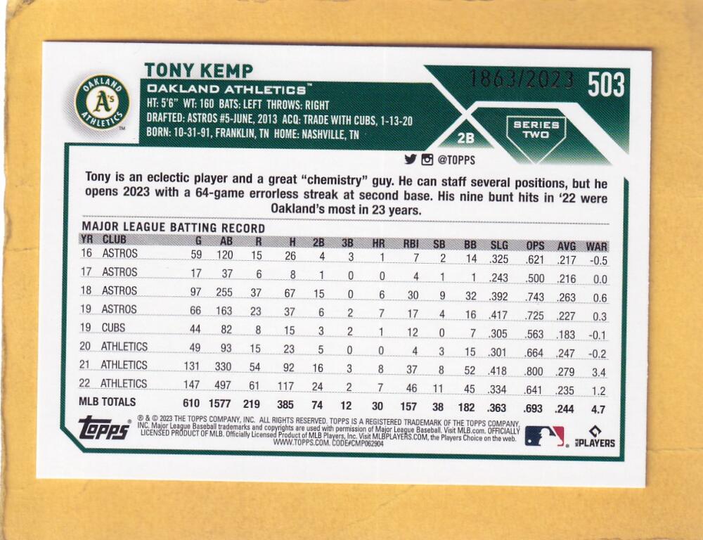 2023 Topps Gold #503 Tony Kemp NM-MT+ 1863/2023 Oakland Athletics Image 2