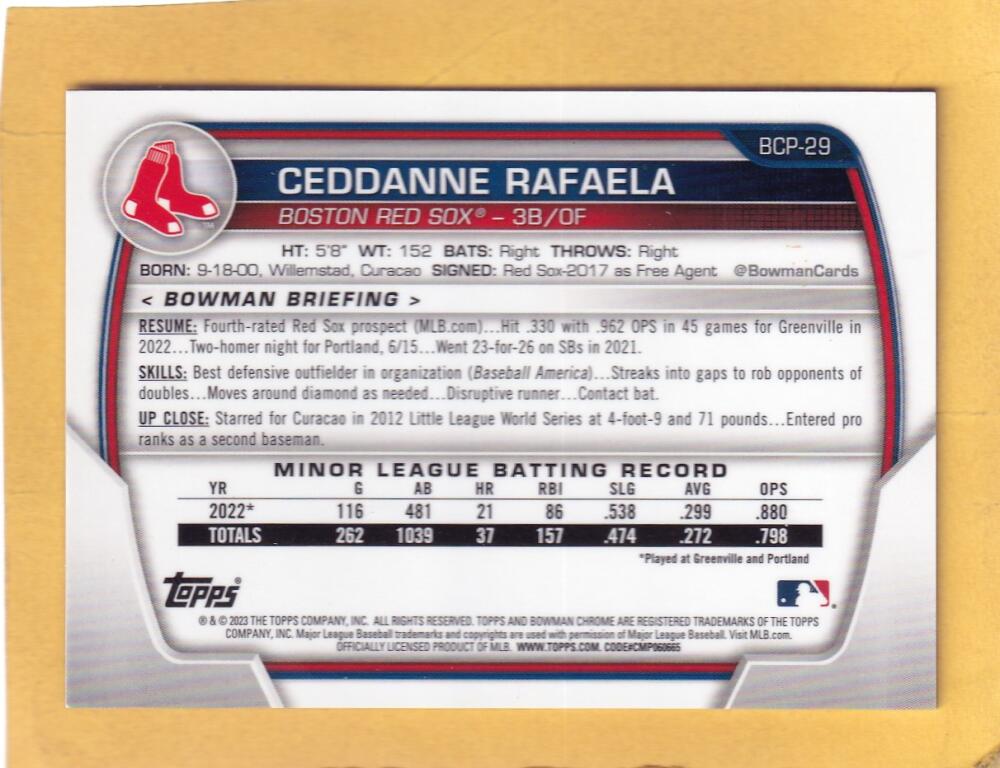 2023 Bowman Chrome Prospects Refractor Blue #BCP-29 Ceddanne Rafaela NM-MT+ 38/150 Boston Red Sox Image 2