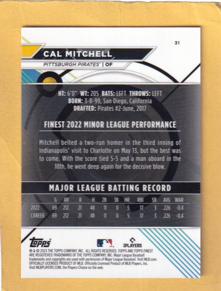 2023 Topps Finest Refractor Rose Gold #31 Cal Mitchell NM-MT+ RC Rookie 62/75 Pittsburgh Pirates Image 2