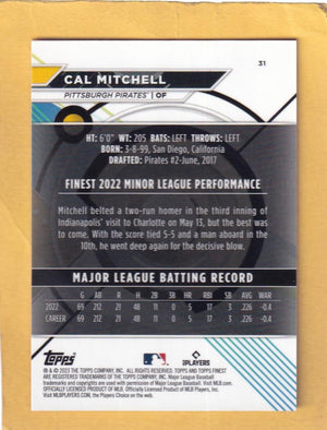 2023 Topps Finest Refractor Rose Gold #31 Cal Mitchell NM-MT+ RC Rookie 62/75 Pittsburgh Pirates Image 2