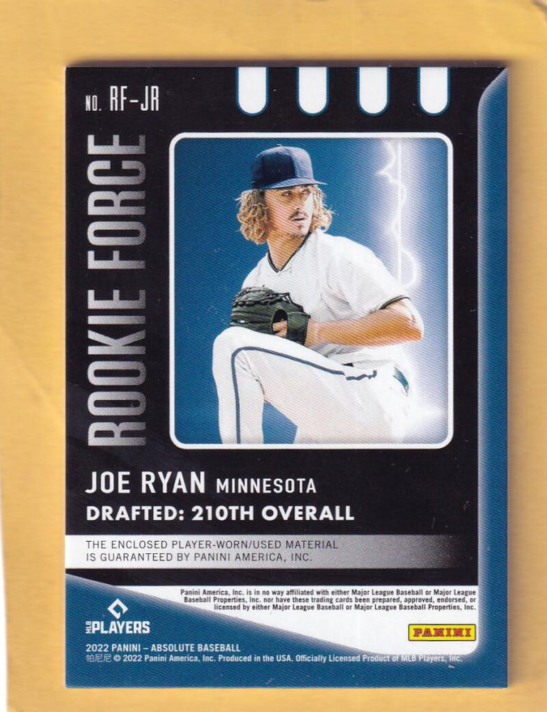 2022 Panini Absolute Rookie Force Materials #25 Joe Ryan MEM NM-MT+ 121/199 Minnesota Twins Image 2