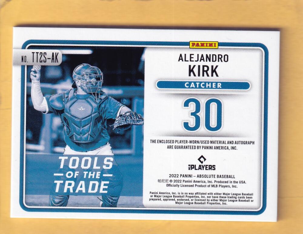 2022 Panini Absolute Tools of the Trade Dual Swatches Signatures #32 Alejandro Kirk NM-MT+ MEM Auto 57/199 Toronto Blue Jays Image 2