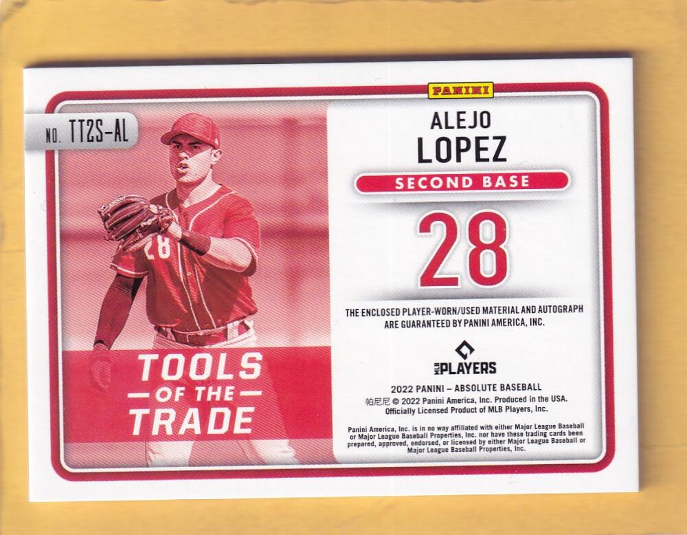 2022 Panini Absolute Tools of the Trade Dual Swatches Signatures #22 Alejo Lopez NM-MT+ MEM Auto 13/199 Cincinnati Reds Image 2